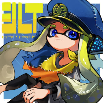 1girl agent_3_(splatoon) behind-the-head_headphones black_leggings blue_eyes blue_hat border captain_3_(splatoon) closed_mouth commentary_request green_hair grey_shirt hat headphones highres inkling layered_sleeves leggings light_smile long_hair long_sleeves looking_at_viewer naka_(easygoing_naka) nintendo patchwork_clothes peaked_cap shirt short_over_long_sleeves short_sleeves solo splatoon_(series) splatoon_3 tentacle_hair torn_clothes torn_leggings very_long_hair white_border