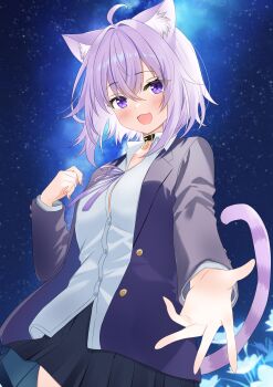 1girl :3 absurdres ahoge animal_collar animal_ear_fluff animal_ears arm_up black_background black_collar black_jacket black_skirt blue_background blurry blurry_background breasts cat_ears cat_girl cat_tail collar commentary_request cowboy_shot crossed_bangs double-parted_bangs fingernails flower gold_buttons highres hololive jacket light_particles long_fingernails long_sleeves medium_breasts neck_ribbon nekomata_okayu nekomata_okayu_(oversized_shirt) offering_hand official_alternate_costume open_mouth partially_unbuttoned pleated_skirt purple_eyes purple_hair purple_ribbon ribbon short_hair skirt smile solo tail user_vcwz3474 virtual_youtuber