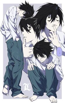 Rule 34 | ..., 1boy, ?, arm up, bags under eyes, barefoot, black eyes, black hair, blue pants, border, colored speech bubble, commentary, crew neck, death note, denim, double-parted bangs, finger to mouth, hair between eyes, hand in pocket, hands on own knees, highres, jeans, jitome, l (death note), long sleeves, looking at viewer, looking up, lqc548ph6790481, male focus, multiple views, outside border, pants, parted lips, shirt, short hair, sitting, speech bubble, spoken ellipsis, standing, thumb to mouth, white border, white shirt