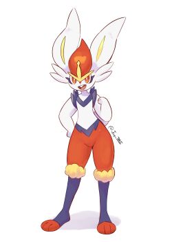 1girl animal_nose artist_name blue_fur body_fur bright_pupils buck_teeth cinderace female_focus flat_chest full_body furry furry_female gen_8_pokemon groin hand_on_own_hip hand_up happy highres j.jama looking_at_viewer multicolored_fur nintendo open_mouth pokemon pokemon_(creature) rabbit_ears rabbit_girl rabbit_tail red_eyes red_fur red_hair short_hair signature simple_background smile solo standing teeth twitter_username white_background white_fur white_pupils yellow_fur