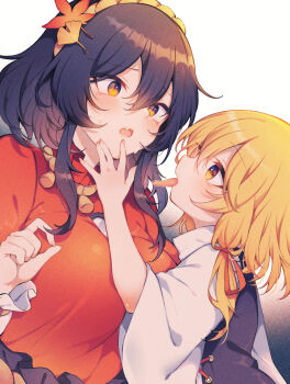 Rule 34 | 2girls, autumn leaves, blonde hair, blush, breasts, commentary request, fang, flying sweatdrops, ginkgo leaf, hair between eyes, hair ornament, hair ribbon, highres, horizontal pupils, large breasts, leaf, leaf hair ornament, long hair, long tongue, maple leaf, mirror, moriya suwako, multiple girls, no headwear, open mouth, purple hair, purple vest, red ribbon, red shirt, ribbon, shirt, skin fang, slit pupils, sweat, tama (soon32281), textless version, tongue, tongue out, touhou, tress ribbon, variant set, vest, yasaka kanako, yellow eyes, yuri