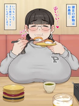 1girl alcohol beer booth_seating braid breast_rest breasts breasts_on_table chopsticks closed_eyes eating facing_viewer fat fat_woman food glasses grey_shirt indoors jimiko large_breasts long_sleeves mikerugii original plate plump shirt sitting sushi table tea twin_braids