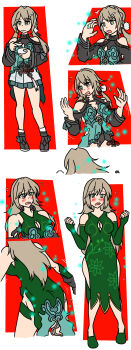 1girl absurdres age_progression aged_up ankle_boots aqua_dress ass bare_shoulders black_gloves black_sleeves blue_eyes blush boots bowl braid breasts bridal_gauntlets brown_hair china_dress chinese_clothes cleavage cleavage_cutout clenched_hands closed_mouth clothing_cutout confetti crown_braid detached_sleeves dress eating embarrassed flying_sweatdrops full_body gloves green_dress green_eyes green_gloves green_sleeves grey_hair hair_between_eyes hair_ribbon hands_up highres holding holding_bowl honkai:_star_rail honkai_(series) large_breasts long_hair long_sleeves looking_at_viewer low_ponytail medium_breasts miniskirt multiple_expressions multiple_views open_mouth pleated_skirt ponytail qingque_(honkai:_star_rail) red_background ribbon shoes shoulder_cutout simple_background skirt sleeveless sleeveless_dress smile socks ssongjart standing surprised wavy_mouth white_background white_skirt white_socks