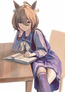 1girl agnes_tachyon_(umamusume) ahoge animal_ears bow bowtie brown_hair chair closed_mouth crossed_legs earrings hair_between_eyes head_rest highres holding holding_pen horse_ears horse_girl horse_tail jewelry long_sleeves medium_hair notebook o_ko_ge2024 on_chair pen purple_sailor_collar purple_serafuku purple_shirt purple_skirt purple_thighhighs red_eyes sailor_collar sailor_shirt school_uniform serafuku shirt simple_background single_earring sitting skirt solo table tail thighhighs thighs tracen_school_uniform umamusume white_bow white_bowtie writing
