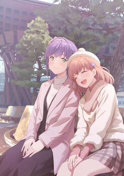 2girls black_pants black_vest blush closed_eyes closed_mouth coat commentary_request green_eyes hair_ornament hat highres hinoshita_kaho link!_like!_love_live! long_hair long_sleeves love_live! medium_hair multiple_girls on_bench open_mouth orange_hair otomune_kozue outdoors pants pink_coat pink_scarf pink_shirt purple_hair scarf shamakho shirt sidelocks sitting skirt smile sweater tree vest virtual_youtuber white_sweater