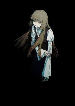 1girl absurdres black_background blunt_bangs blunt_ends brown_eyes brown_hair center_frills cerevevisiae collared_shirt cropped_torso frills hand_on_own_arm hashtag-only_commentary highres hime_cut juliet_sleeves long_hair long_sleeves looking_at_viewer looking_up partially_shaded_face puffy_sleeves scared shirt sidelocks solo tears umineko_no_naku_koro_ni ushiromiya_rosa white_shirt wide_sleeves