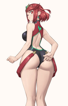 1girl adjusting_clothes adjusting_swimsuit ass black_one-piece_swimsuit breasts competition_swimsuit earrings from_behind highres jewelry large_breasts looking_at_viewer one-piece_swimsuit ozkh pyra_(pro_swimmer)_(xenoblade) pyra_(xenoblade) red_eyes red_hair red_one-piece_swimsuit short_hair solo standing swimsuit tiara xenoblade_chronicles_(series) xenoblade_chronicles_2