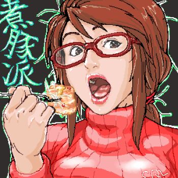 Rule 34 | 1girl, black background, breasts, brown eyes, brown hair, commentary request, eating, food, fork, glasses, hair tie, hand up, holding, holding fork, large breasts, lips, long hair, looking to the side, loose hair strand, low ponytail, lowres, nose, open mouth, original, ponytail, pork, portrait, red-framed eyewear, red sweater, ribbed sweater, sidelocks, solo, sweater, translation request, turtleneck, turtleneck sweater, yakibuta (shimapow)