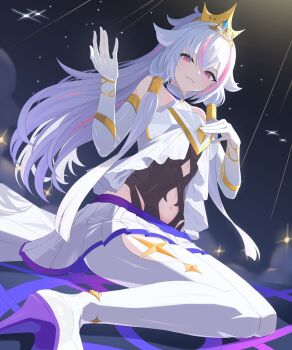 1girl bare_shoulders clothing_cutout crown elbow_gloves gloves hands_up heichi high_heels highres long_hair looking_at_viewer multicolored_hair navel_cutout parted_lips pink_eyes pink_hair shadowverse shadowverse:_worlds_beyond shoes sidelocks sitting skirt solo streaked_hair thighhighs white_gloves white_hair white_shoes white_skirt white_thighhighs zirconia_(shadowverse)