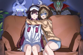 2girls alternate_costume alternate_hairstyle black_hair blue_eyes brown_hair columbina_(genshin_impact) commentary_request couch genshin_impact hug indoors kuuhenki_(genshin_impact) long_hair long_sleeves looking_at_viewer multiple_girls nao_(naoooo_a) on_couch open_mouth parted_lips pulonia_(genshin_impact) purple_eyes purple_hair sandrone_(genshin_impact) scared sitting