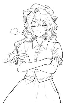 Rule 34 | 1girl, buttons, closed eyes, collared shirt, commentary request, cowboy shot, crossed arms, greyscale, hat, long hair, maribel hearn, mob cap, monochrome, neo-traditionalism of japan, pondo (peng-model), shirt, short sleeves, skirt, smile, solo, touhou