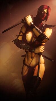 breasts cleavage dual_wielding duelwelding gauntlets half_mask highres holding large_breasts mask mortal_kombat_(series) navel netherrealm_studios ninja red_hair skarlet sword tagme thighhighs weapon