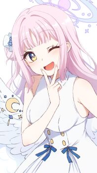1girl ;d bare_arms bare_shoulders blue_archive blue_bow blue_flower blush bow breasts brown_eyes commentary crescent dress feathered_wings flower hair_bun hair_flower hair_ornament halo highres long_hair looking_at_viewer medium_breasts mika_(blue_archive) nagami_yuu nail_polish one_eye_closed open_mouth pink_hair pink_nails simple_background single_side_bun sleeveless sleeveless_dress smile solo v v_over_mouth very_long_hair white_background white_wings wings