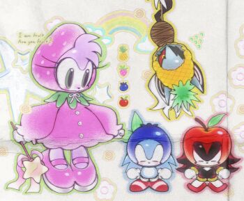 1girl 3boys animal_nose apple apple_costume blueberry blueberry_costume blush bound chibi closed_eyes dress food food-themed_hat food_costume fruit full_body furry furry_female furry_male green_eyes hashtag-only_commentary hat hedgehog_boy hedgehog_girl highres holding holding_wand infinite_(sonic) junero71 multiple_boys pineapple pineapple_costume pink_dress pink_hat pink_shoes puffy_sleeves rainbow red_shoes rope shadow_the_hedgehog shoes sonic_(series) sonic_the_hedgehog standing star_(symbol) star_wand strawberry strawberry_costume upside-down wand