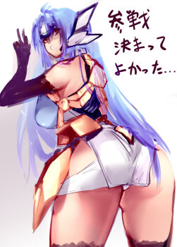 1girl animal_ears ass blue_hair breasts commentary_request female_focus kos-mos large_breasts long_hair negresco project_x_zone_2 red_eyes solo thighhighs xenosaga