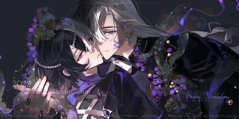 Rule 34 | 2boys, black background, black hair, black jacket, black shirt, blue eyes, borrowed character, braid, cheek piercing, choker, closed mouth, commission, corset piercing, cross-laced clothes, cross-laced top, curtained hair, earrings, face-to-face, face piercing, flower, gem, hair between eyes, hair flower, hair ornament, happy birthday, highres, holding tentacle, jacket, jewelry, leaf, leaf hair ornament, leaning forward, lizi3 3, long hair, looking at viewer, looking back, male focus, mandarin collar, mihuashi commission, multicolored hair, multiple boys, off shoulder, one eye covered, open clothes, open jacket, original, ornate ring, parted lips, pearl hair ornament, piercing, plant, portrait, puffy sleeves, purple choker, purple flower, purple gemstone, purple ribbon, ribbon, ribbon choker, ring, shirt, short hair, sideways glance, single braid, smile, split-color hair, tentacles, two-tone hair, vines, white hair, yao mujing, yao muxuan