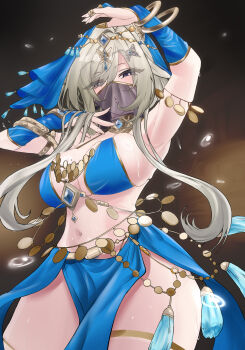 1girl black_eyes blue_skirt bracelet breasts bright_pupils butterfly_hair_ornament commentary english_commentary gold_thighlet grey_hair hair_ornament harem_outfit heiz_illust highres jewelry long_hair mouth_veil navel phase_connect skirt solo tassel thighlet veil virtual_youtuber white_pupils wilhelmina_frost