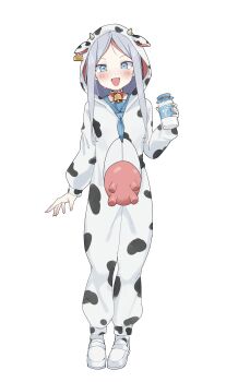 1girl absurdres animal_costume animal_print bell blue_eyes blush cosplay cow_costume cow_print cowbell ear_tag fake_udder full_body grey_hair highres holding holding_jar jar kigurumi light_blush long_hair looking_at_viewer mary_janes merlt neck_bell open_mouth original parted_bangs sailor_collar shoes simple_background smile solo standing white_background