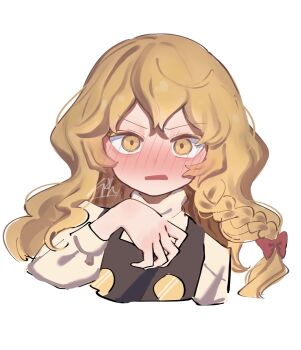 1girl black_vest blonde_hair blush braid embarrassed hair_ribbon hand_up highres kirisame_marisa long_hair long_sleeves niru_(ka_k_0517) no_headwear parted_lips ribbon shirt side_braid signature solo touhou turtleneck turtleneck_shirt upper_body vest wavy_hair white_background white_shirt yellow_eyes