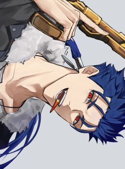 1boy blue_hair bullet_in_mouth cu_chulainn_(fate) cu_chulainn_(honkai:_star_rail)_(fate) cu_chulainn_(lancer)_(fate) earrings fate/stay_night fate_(series) fur-trimmed_jacket fur_trim gun hair_tubes highres holding holding_gun holding_weapon honkai:_star_rail honkai_(series) jacket jewelry long_hair looking_at_viewer male_focus mouth_hold open_mouth ponytail red_eyes sideways single_hair_tube smile solo tuna_sss15 weapon