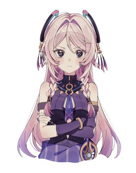 Rule 34 | 1girl, asymmetrical gloves, bare shoulders, black leotard, blue eyes, blush, braid, breasts, citlali (genshin impact), closed mouth, cropped torso, crossed arms, cryo symbol (genshin impact), facial mark, fingerless gloves, fingernails, floating headgear, forehead mark, genshin impact, gloves, headgear, highres, leotard, long hair, looking at viewer, medium breasts, multicolored hair, nail polish, pink hair, pink pupils, purple gloves, purple hair, purple nails, simple background, solo, triangle, triangle facial mark, twin braids, uneven gloves, very long hair, vision (genshin impact), white background, woolly (ll 0o0)