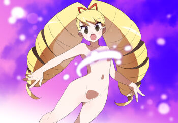 1girl blonde_hair bow breasts completely_nude em_wave_change_(mega_man) hair_bow henshin kaidou_zx long_hair luna_platz_(mega_man) mega_man_(series) mega_man_star_force_(series) navel no_pussy nude open_mouth purple_background red_bow small_breasts surprised variant_set very_long_hair