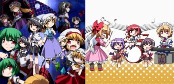 >_< 6+girls angel_wings beamed_quavers biwa_lute blonde_hair bow brown_eyes brown_hair chibi closed_eyes drum drum_set flandre_scarlet folded_fan folding_fan full_moon gap_(touhou) gengetsu_(touhou) gensou_ningyou_enbu green_hair grey_horns grin halftone halftone_background hand_fan hat hat_bow hat_ribbon hemogurobin_a1c horikawa_raiko horns instrument kazami_yuuka keyboard_(instrument) kijin_seija laevatein light_purple_hair lute_(instrument) maid_headdress maribel_hearn mob_cap moon mugetsu_(touhou) multicolored_hair multiple_girls musical_note musical_staff parasol red_eyes red_hair ribbon shorts shorts_under_skirt small_horns smile split_screen streaked_hair touhou touhou_(pc-98) tsukumo_benben tsukumo_yatsuhashi umbrella usami_renko white_hair wings yakumo_yukari yellow_eyes