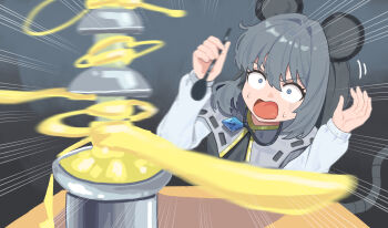 1girl absurdres animal_ears blue_eyes capelet cheese clothing_cutout ddok fondue fondue_au_fromage food gem grey_capelet grey_hair grey_shirt highres holding holding_spoon jewelry long_sleeves medium_hair meme motion_blur motion_lines mouse_ears mouse_girl mouse_tail nazrin open_mouth pendant scared shirt solo spoon sweat table tail tasty_hoon_cheese_fondue_(meme) touhou yellow_trim