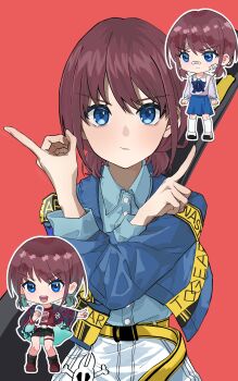 1girl absurdres bandaid bandaid_on_face bandaid_on_nose belt black_shorts blue_eyes blue_jacket blue_shirt brown_hair chibi chibi_only closed_mouth commentary dress_shirt girls_band_cry highres hokureisuzume holding holding_microphone iseri_nina jacket kuuhaku_to_catharsis looking_at_viewer low_twintails microphone multiple_views open_mouth red_background red_shirt school_uniform shirt short_hair short_twintails shorts simple_background thigh_strap twintails white_shorts yellow_belt
