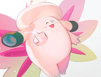 ;d blush_stickers clefable commentary_request gen_1_pokemon green_eyes hand_up happy highres mega_clefable nintendo one_eye_closed open_mouth pokemon pokemon_(creature) pokemon_focus simple_background smile solo teo_(telo_ruka) white_background