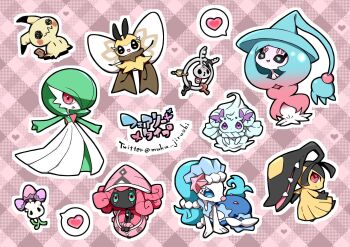 alcremie artist_name black_eyes black_sclera blue_hair bob_cut checkered_background colored_sclera colored_skin dress extra_mouth gardevoir gen_3_pokemon gen_6_pokemon gen_7_pokemon gen_8_pokemon green_hair green_skin hair_ornament hair_over_one_eye hat hatterene heart highres insect_wings klefki legendary_pokemon mawile mimikyu morelull muku_jirushi multicolored_skin nintendo pink_eyes pokemon pokemon_(creature) prehensile_hair primarina ribombee starfish_hair_ornament tapu_fini two-tone_skin white_dress white_skin wings witch_hat yellow_skin