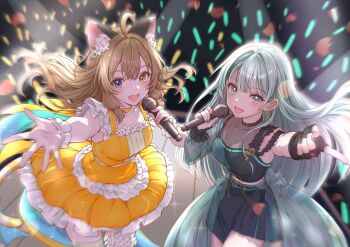 2girls :d ahoge animal_ear_fluff animal_ears black_dress blue_eyes blurry breasts brown_hair cat_ears cat_girl cat_tail depth_of_field dot_nose double-parted_bangs dress frilled_dress frills glowing_staff glowstick grey_eyes grey_hair grey_nails heterochromia highres large_breasts layered_dress looking_at_viewer microphone mikan_mizu multiple_girls music nail_polish nephla open_mouth orange_dress orange_eyes outstretched_arm parted_bangs penlight_(glowstick) pointing sidelocks singing smile stage tail virtual_youtuber vocaloid vsinger_(vocaloid)