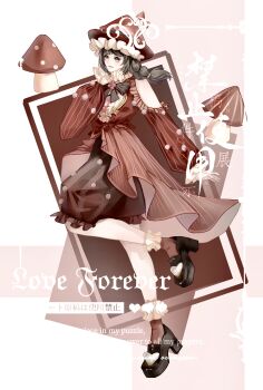 1girl absurdres asymmetrical_dress bare_shoulders beads black_bloomers black_hair black_shoes bloomers blunt_bangs braid brown_eyes chinese_commentary closed_mouth clothing_cutout commentary_request dress english_text eyelashes frilled_anklet frilled_dress frilled_headwear frilled_sleeves frills full_body glimmering_forest_(infinity_nikki) hair_beads hair_ornament hand_on_own_cheek hand_on_own_face happy hat hat_ornament heart high_heels highres infinity_nikki leg_up light_blush loafers long_hair long_sleeves looking_ahead low_twin_braids medium_dress mushroom mushroom_hat mushroom_hat_ornament neck_ribbon nikki_(series) pink_background pleated_dress polka_dot polka_dot_bloomers pom_pom_(clothes) puffy_long_sleeves puffy_sleeves red_dress red_hat red_socks red_theme ribbon sample_watermark shoes shoulder_cutout sleeves_past_wrists smile socks solo striped_clothes striped_dress twin_braids two-tone_background underwear vertical-striped_clothes vertical-striped_dress watermark white_background xiangzuo_ranhou_zhizou