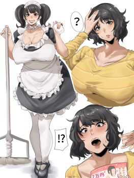 !? ? absurdres alternate_breast_size_(larger) apron breasts commentary_request donkarasu_vgc full_body hand_on_own_forehead highres holding holding_mop huge_breasts kawakami_sadayo maid maid_apron maid_headdress mature_female mop pantyhose persona persona_5 shirt short_hair smile standing twintails white_pantyhose
