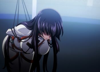 1girl anime_screenshot arms_behind_back bdsm black_hair bodysuit bondage bound bound_arms bound_breasts breasts code_geass code_geass:_dakkan_no_roze highres large_breasts long_hair official_alternate_costume stitched straitjacket sumeragi_sakuya third-party_edit very_long_hair white_bodysuit