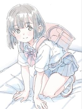 1girl ankle_socks arm_support backpack bag blue_skirt blunt_bangs blush bow bowtie brown_eyes brown_hair closed_mouth collared_shirt dot_nose double-parted_bangs full_body highres kneeling looking_at_viewer original pleated_skirt poranka_(porankaran) randoseru red_bag red_bow red_bowtie school_bag school_uniform shirt shoes short_hair simple_background skirt smile socks uwabaki white_background white_shirt white_shoes white_socks