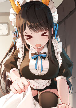 &gt;_&lt; 1girl absurdres apron bison_cangshu black_dress black_hair blanket blush breasts clock commentary_request copyright_request dress eyelashes frilled_apron frills highres holding holding_blanket horns indoors large_breasts leaning_forward long_hair looking_at_viewer maid maid_apron maid_headdress open_mouth puffy_short_sleeves puffy_sleeves short_sleeves sidelighting skindentation solo sweatdrop thighhighs waist_apron wall_clock wavy_mouth white_apron