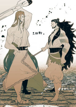 Rule 34 | 2boys, abs, ancient greek clothes, arm tattoo, arm up, armor, armored boots, baggy pants, barefoot, beard, belt, black sclera, boots, cheek tattoo, chinese clothes, clenched hand, closed mouth, colored sclera, facial hair, facial tattoo, forehead tattoo, full body, goatee, greco-roman clothes, greyscale, hair between eyes, hair bun, half-closed eyes, hand on own hip, height difference, highres, lance, long hair, looking at another, lu bu (shuumatsu no valkyrie), male focus, mjolnir, monochrome, multiple boys, muscular, muscular male, nanako nuchitsu, no eyebrows, pants, pectorals, pointy footwear, polearm, ribbon, robe, sharp teeth, shirtless male, shoulder tattoo, shuumatsu no valkyrie, smile, tattoo, teeth, thor (shuumatsu no valkyrie), toned, toned male, topknot, topless male, very long hair, weapon