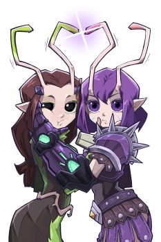 2girls absurdres alien antennae armor black_hair breasts commentary english_commentary guardians_of_the_galaxy hebinalmeog highres long_hair looking_at_viewer mantis_(marvel) marvel marvel_rivals multiple_girls official_alternate_costume pointy_ears purple_eyes purple_hair short_hair simple_background skirt smile