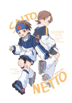 Rule 34 | 2boys, black shorts, blue jacket, brothers, brown eyes, brown hair, full body, hood, hooded jacket, hub hikari (mega man), jacket, lan hikari (mega man), male focus, mega man (series), mega man battle network (series), multiple boys, pitapit695, roller skates, shorts, siblings, simple background, skates, twins, watermark, white background, white jacket