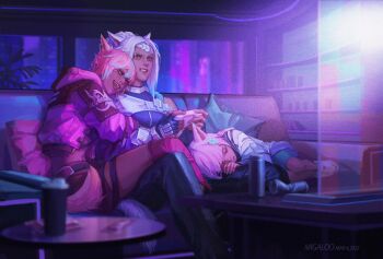 3girls animal_ears annoyed artist_name braid cat_ears cat_girl cat_tail child clenched_teeth closed_eyes commentary controller couch cropped_jacket cushion dated english_commentary eutrope_(ff14) film_grain final_fantasy final_fantasy_xiv game_controller head_on_another's_shoulder head_rest highres holding holding_controller holding_game_controller indoors jacket lap_pillow lying migaloo miqo'te multiple_girls neyuni_(ff14) on_couch on_side open_mouth pink_hair pink_jacket short_hair siblings sisters smile table tail teeth window yaana_(ff14) yellow_eyes