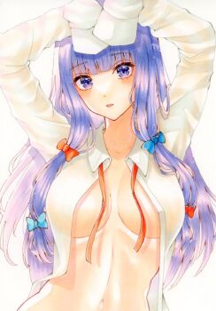 1girl alternate_costume blue_bow blush bow breasts breasts_apart collared_shirt commentary eriwo_(erikana) hair_bow highres long_hair long_sleeves multiple_hair_bows naked_shirt navel open_clothes open_mouth open_shirt patchouli_knowledge purple_eyes purple_hair red_bow shirt sleeves_past_fingers sleeves_past_wrists solo stomach touhou very_long_hair white_shirt