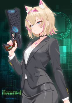1girl animal_ear_fluff animal_ears black_jacket black_skirt blonde_hair blue_eyes breasts cowboy_shot dog_ears dog_girl dominator_(gun) green_background gun hairband highres holding holding_gun holding_weapon hololive hololive_english jacket jewelry mococo_abyssgard multicolored_hair pendant pink_hair pink_hairband psycho-pass rijeka1918 shirt short_hair skirt small_breasts solo spiked_hairband spikes streaked_hair trigger_discipline two-tone_hair virtual_youtuber weapon white_shirt