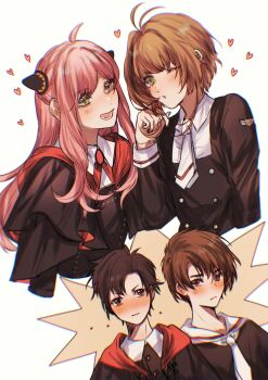 2boys 2girls aged_up antenna_hair anya_(spy_x_family) blush brown_eyes brown_hair cardcaptor_sakura commentary crossover damian_desmond eden_academy_school_uniform green_eyes hair_intakes hairpods heart highres kinomoto_sakura li_syaoran long_hair multiple_boys multiple_girls one_eye_closed open_mouth pink_hair school_uniform sera_(serappi) smile spy_x_family tomoeda_middle_school_uniform