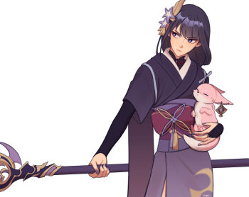 1girl alternate_costume angry animal animal_ear_piercing blunt_bangs bridal_gauntlets closed_mouth commentary english_commentary engulfing_lightning_(genshin_impact) flower_ornament fox_girl genshin_impact hair_ornament head_tilt holding holding_polearm holding_weapon japanese_clothes kimono long_hair meme mitsudomoe_(shape) mole mole_under_eye neck_ribbon official_alternate_costume polearm purple_eyes purple_hair purple_kimono purple_nails raiden_shogun red_ribbon red_sash ribbon sash shade simple_background standing tomoe_(symbol) ujugn upper_body weapon white_background yae_miko yae_miko_(fox)