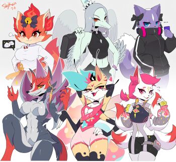 6+girls absurdres aggressive_retsuko animal_ears antennae arthropod_girl beelzebub_(helluva_boss) bell blue_eyes breasts cellphone claws colored_sclera demon dinosaur epic_games extra_arms fang_(gvh) fangs feathered_wings feathers fortnite fox fox_tail furry goodbye_volcano_high grey_hair gunfire_reborn hair_bell hair_ornament hand_in_pocket hand_on_own_hip heart hellaverse helluva_boss highres holding holding_phone kimiko_five-tails league_of_legends li_(gunfire_reborn) medium_breasts multiple_girls naafiri netflix open_mouth orange_eyes phone pink_eyes pink_hair pterosaur red_eyes red_fox riot_games sanrio shikabane_(aggretsuko) shorts simple_background skunk skunk_tail skykain smile tail white_background wide_hips wings yellow_sclera
