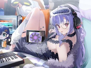 1girl alternate_costume bare_shoulders barefoot belle_(zenless_zone_zero) black_dress breasts character_doll commentary_request doll dress electric_guitar eous_(zenless_zone_zero) fur-trimmed_jacket fur_trim glasses grey_jacket guitar headphones heart heart_print highres holding holding_stylus instrument jacket k2_(jack_lin) knees_up leg_warmers long_hair looking_at_viewer medium_breasts mole mole_under_eye open_mouth pointy_ears purple_hair reclining red_eyes semi-rimless_eyewear sitting solo stylus tablet_pc vivian_banshee white_leg_warmers zenless_zone_zero