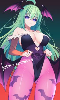1girl ahoge azure_striker_gunvolt bare_shoulders bat_wings breasts cleavage clothing_cutout cosplay cowboy_shot darkstalkers expressionless from_below gradient_background green_hair gunvolt_chronicles_luminous_avenger_ix gunvolt_chronicles_luminous_avenger_ix_2 head_wings heart_cutout highleg highleg_leotard highres large_breasts leotard lololotton long_hair looking_at_viewer morrigan_aensland morrigan_aensland_(cosplay) mother_(luminous_avenger_ix) paid_reward_available pulling_own_clothes purple_eyes signature solo very_long_hair wings