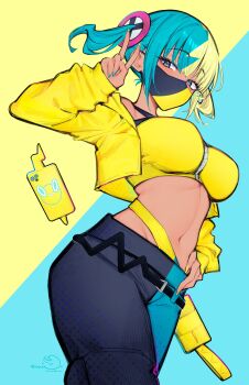 1girl absurdres aqua_hair bandeau belt black_belt black_mask black_pants blonde_hair blue_eyes blue_nails blue_pants breasts canari_(pokemon) criss-cross_straps dark-skinned_female dark_skin emu_(confisery) gen_4_pokemon highres jacket large_breasts long_sleeves looking_at_viewer mask mouth_mask multicolored_hair multicolored_nails navel nintendo pants pokemon pokemon_(creature) pokemon_legends:_z-a rotom rotom_phone short_twintails split-color_hair sports_bra twintails two-tone_hair two-tone_mask two-tone_pants v yellow_bandeau yellow_jacket yellow_mask yellow_nails yellow_sports_bra