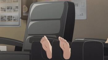 1girl animated animated_gif anime_screenshot barefoot blue_hair chair feet feet_up foot_focus long_hair manga_time_kirara non-web_source official_art purple_eyes relaxing shima_rin soles toes yurucamp